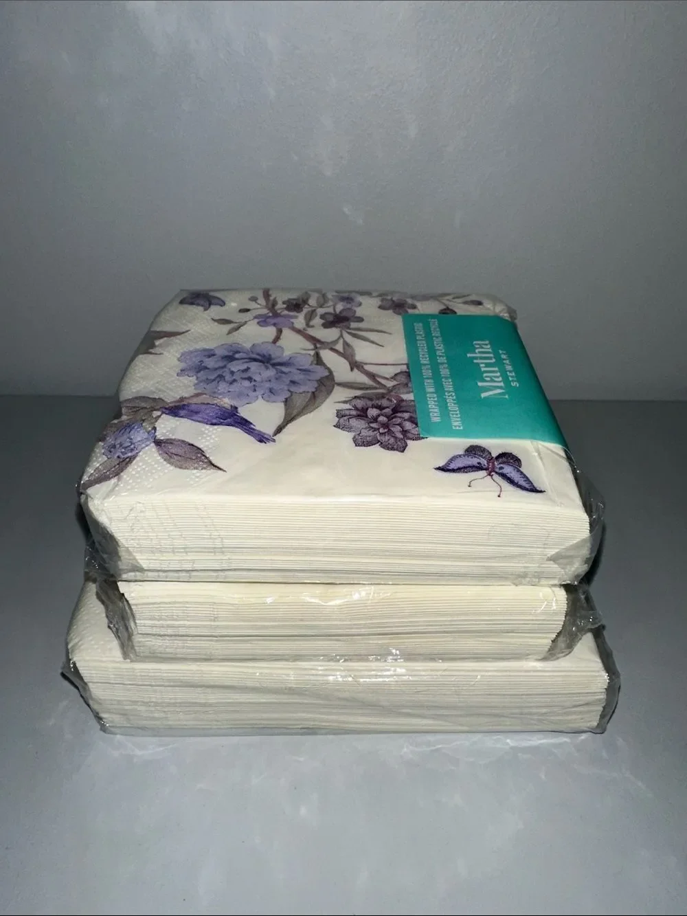 Martha Stewart Ivory Purple Floral Matching Square Cocktail Lunch Napkins 40 x 3